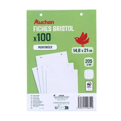 Auchan Bristol 14,8x21cm petits carreaux, Lot de 100 fiches