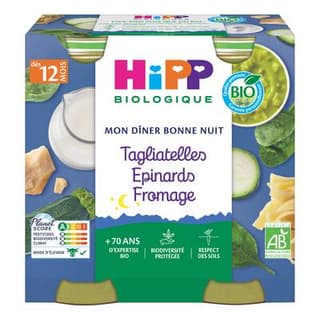 Hipp - Mon Dîner Bonne Nuit Tagliatelles Epinards Fromage Bio Pot Bébé Dès 12 mois, 2x250g