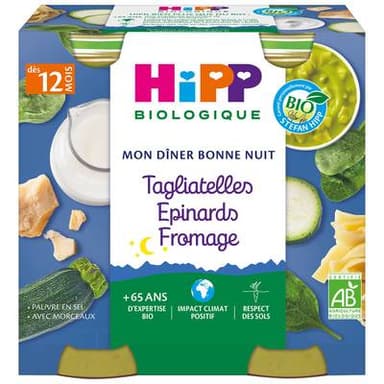 Hipp - Mon Dîner Bonne Nuit Tagliatelles Epinards Fromage Bio Pot Bébé Dès 12 mois, 2x250g
