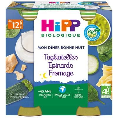Hipp - Mon Dîner Bonne Nuit Tagliatelles Epinards Fromage Bio Pot Bébé Dès 12 mois, 2x250g