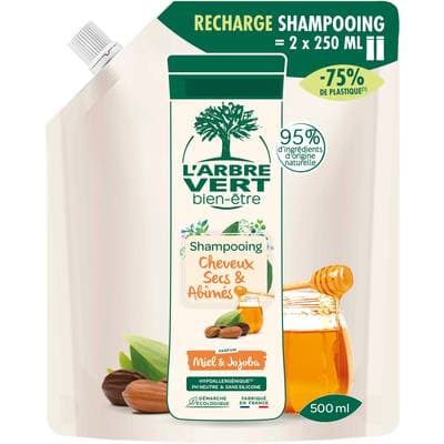 L'Arbre Vert Bien-Etre Shampooing hypoallergénique ph neutre cheveux secs et abîmés miel et jojoba, 500ml