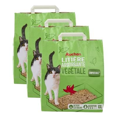 Auchan Litière végétale absorbante stop odeur compostable pour chat et rongeur, Lot de 3x10L