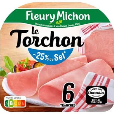 Fleury Michon Jambon Le Tranché Fin Torchon Taux de Sel Réduit, 6 tranches - 180g