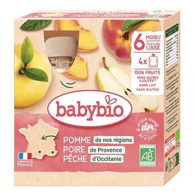 Babybio Pomme, Poire, Pêche Bio Gourde Bébé Dès 6 mois, 4x90g