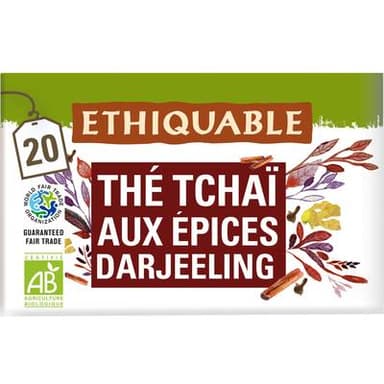 Ethiquable - Commerce Equitable Thé noir Tchaï aux épices Darjeeling Bio - 20 sachets, 36g
