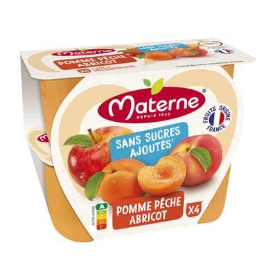 Materne Compote Pomme Pêche Abricot sans sucre ajoutés, 4x100g