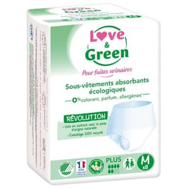 Love & Green Culottes fuites urinaires Hypoallergéniques et Ecologiques Plus Taille M, 8 culottes