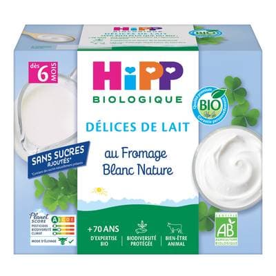 Hipp - Délices de Lait Dessert Lacté au Fromage Blanc Nature Bio Coupelle Bébé Dès 6 mois, 4x100g