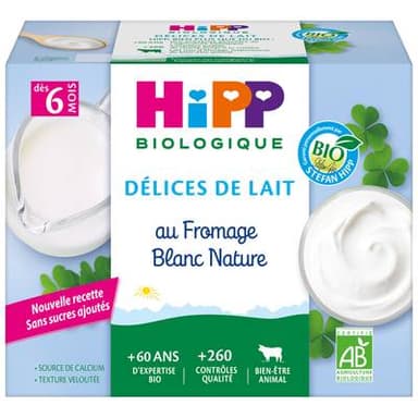 Hipp - Délices de Lait Dessert Lacté au Fromage Blanc Nature Bio Coupelle Bébé Dès 6 mois, 4x100g