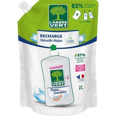L'arbre Vert Liquide vaisselle Mains Peaux Sensibles recharge, 1L