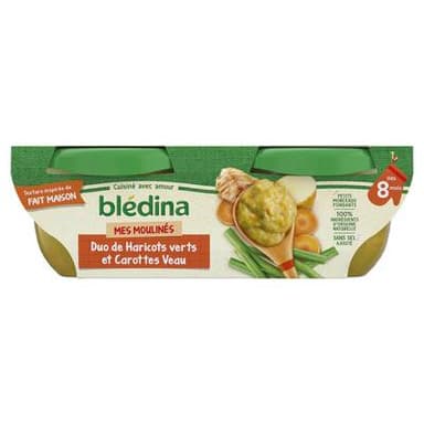 Blédina - Mes Moulinés Duo de haricots verts et Carottes Veau Bol Bébé Dès 8 mois, 2x200g