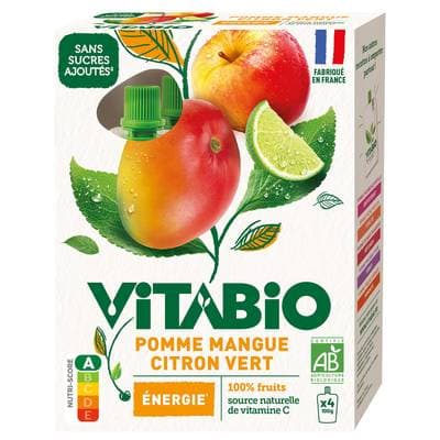 Vitabio Gourdes compote pomme mangue et citron vert Energie bio, 4x100g