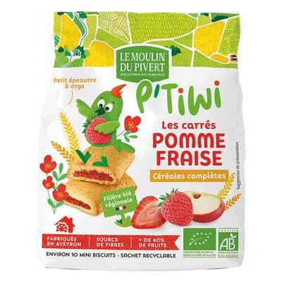 Le Moulin du Pivert Biscuit P'Tiwi carré Pomme Fraise Bio, 120g