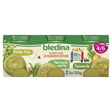 Blédina Petits pois Haricots verts Epinards Pots Bébé dès 4 mois, 3x130g