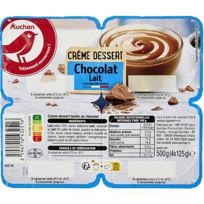 Auchan Crème dessert au chocolat au lait, 4x125g