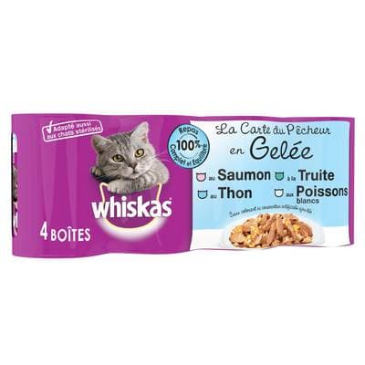 Whiskas Boites en Gelée Carte du Pêcheur 4 variétés pour chat, 3x390g