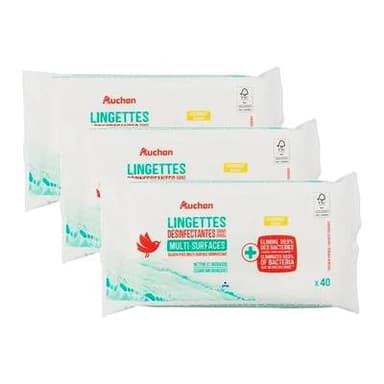 Auchan Lingettes désinfectantes sans javel, Lot de 3x40 lingettes