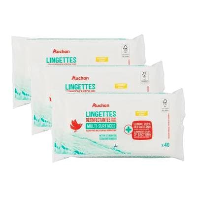 Auchan Lingettes désinfectantes sans javel, Lot de 3x40 lingettes