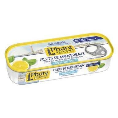 Phare d'Eckmuhl Filets de maquereaux au citron bio et basilic bio, 50% moins de sel, 130g