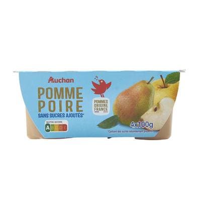 Auchan Coupelles purée de pomme poire sans sucres ajoutés, 4x100g