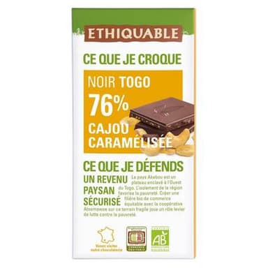 Ethiquable - Commerce Equitable Chocolat noir 76% Cajou Caramélisée Bio du Togo, 100g
