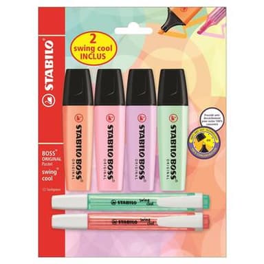 Stabilo 6 Surligneurs- 4 Boss orginal couleurs pastel assorties + 2 Swing Cool pastel, 6  surligneurs
