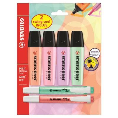 Stabilo 6 Surligneurs- 4 Boss orginal couleurs pastel assorties + 2 Swing Cool pastel, 6  surligneurs