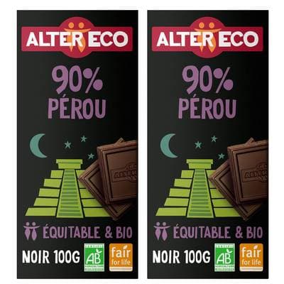 Alter Eco - Commerce Equitable Chocolat noir 90% Cacao Bio du Pérou, Lot de 2x100g