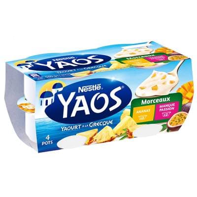 Yaos Yaourt à la grecque à l'ananas et à la mangue passion avec morceaux, 4x125g