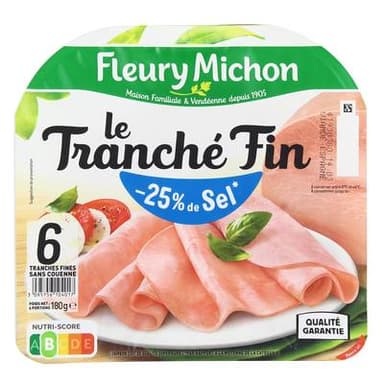Fleury Michon Jambon Le Tranché FinTaux de Sel Réduit, 6 tranches - 180g