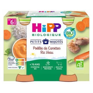 Hipp - Petits Mijotés Poêlée de Carottes Riz Veau Bio Pot Bébé Dès 6 Mois, 2x190g