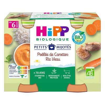Hipp - Petits Mijotés Poêlée de Carottes Riz Veau Bio Pot Bébé Dès 6 Mois, 2x190g