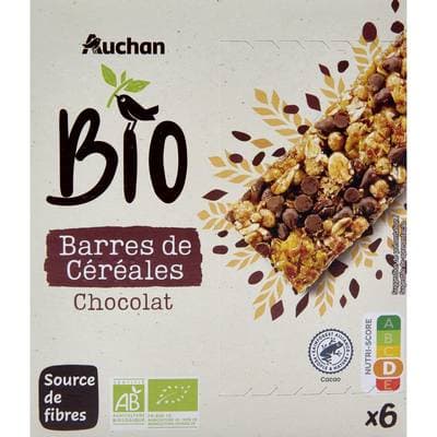 Auchan BIO Barres de céréales au chocolat bio, 6 barres