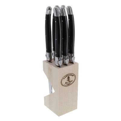 Laguiole 6 couteaux Noirs en bloc bois naturel