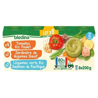 Blédina Tomates riz poulet / jardinière de légumes bœuf et légumes verts / riz saumon Pot Bébé Dès 6 mois, 8x200g