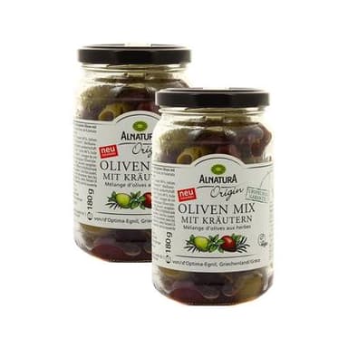 Alnatura Mélange d'Olives vertes et noires de Kalamata aux Herbes Bio sans saumure, Lot de 2x180g