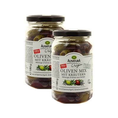 Alnatura Mélange d'Olives vertes et noires de Kalamata aux Herbes Bio sans saumure, Lot de 2x180g