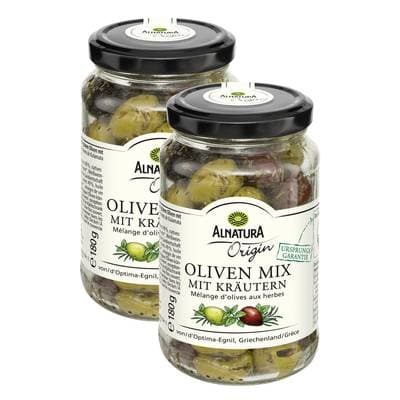Alnatura Mélange d'Olives vertes et noires de Kalamata aux Herbes Bio sans saumure, Lot de 2x180g