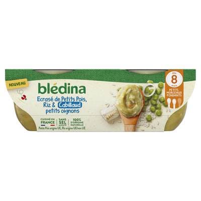 Blédina Ecrasé de Petits Pois, Riz, Cabillaud et Petits Oignons Bol Bébé Dès 8 mois, 2x200g