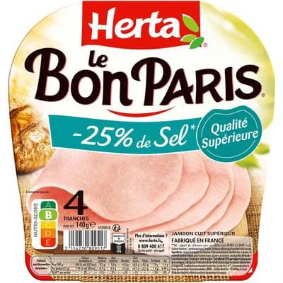Herta Jambon Le Bon Paris Taux de Sel Réduit, 4 tranches - 140g