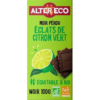 Alter Eco - Commerce Equitable Chocolat noir éclats de citron vert 60% Cacao Bio du Pérou, 100g