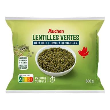 Auchan Lentilles vertes cuites, juste à réchauffer, 600g