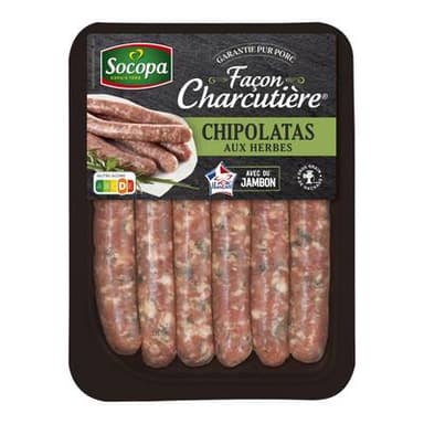 Socopa Chipolatas Supérieures aux Herbes Façon Charcutière avec du Jambon, 6x55g