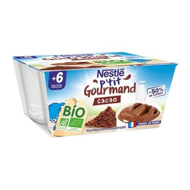 Nestlé - P'tit Gourmand Dessert Lacté Cacao Bio Coupelle Bébé Dès 6 mois, 4x90g