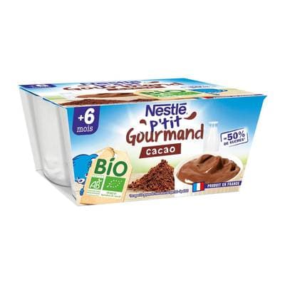 Nestlé - P'tit Gourmand Dessert Lacté Cacao Bio Coupelle Bébé Dès 6 mois, 4x90g