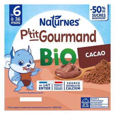 Naturnes® - P'tit Gourmand Dessert Lacté Cacao Bio Coupelle Bébé Dès 6 mois, 4x90g