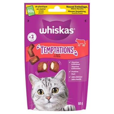 Whiskas Temptations au Boeuf - Friandise Récompense pour Chat, 60g