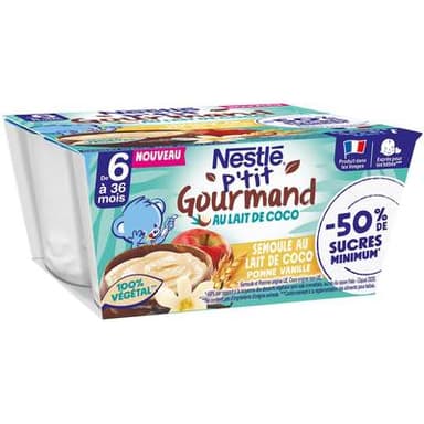 Nestlé - P'tit Gourmand Semoule au lait de coco Pomme Vanille Coupelle Bébé Dès 6 mois, 4x90g