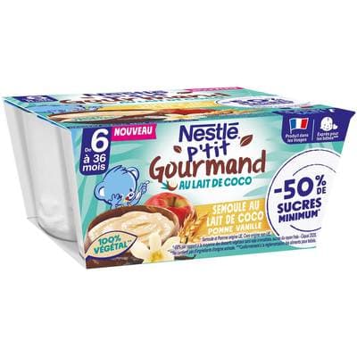 Nestlé - P'tit Gourmand Semoule au lait de coco Pomme Vanille Coupelle Bébé Dès 6 mois, 4x90g