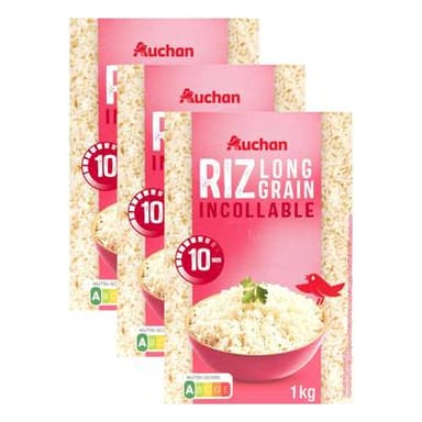 Auchan Riz long grain incollable Cuisson 10 min, Lot de 3x1kg